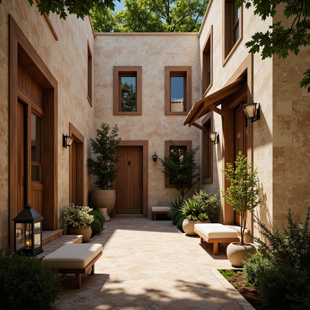 Prompt: Rustic Mediterranean villa, rough-hewn stone walls, worn wooden doors, distressed plaster textures, earthy color palette, natural light streaming through narrow windows, ornate metal lanterns, potted herb plants, cozy courtyard seating, warm afternoon sunlight, soft shadows, 1/2 composition, atmospheric perspective, realistic texture rendering.