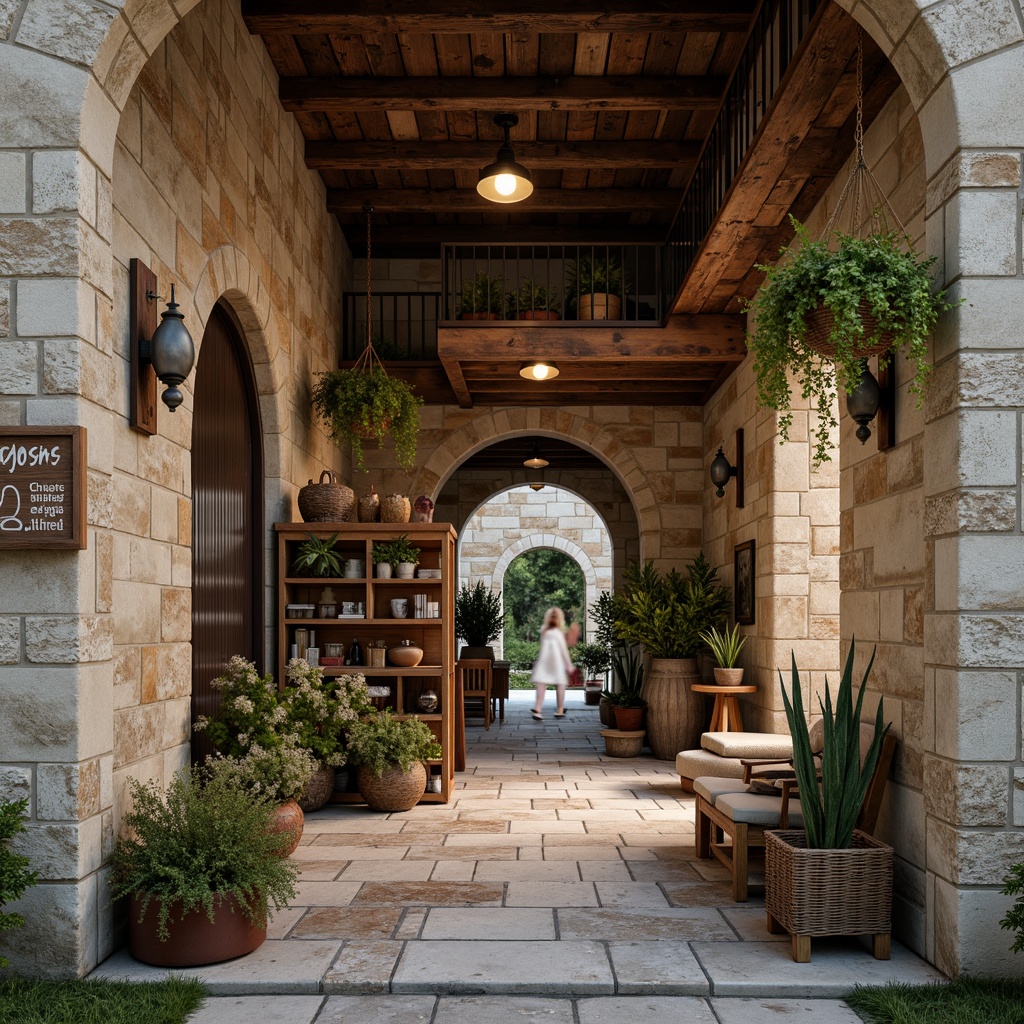 Prompt: Weathered stone walls, rough-hewn wooden planks, rusty metal corrugations, distressed concrete floors, peeling paint textures, vintage signage, earthy tone color palette, natural materials, organic forms, eclectic architecture, whimsical decorative elements, soft warm lighting, shallow depth of field, 1/2 composition, realistic rendering, ambient occlusion.