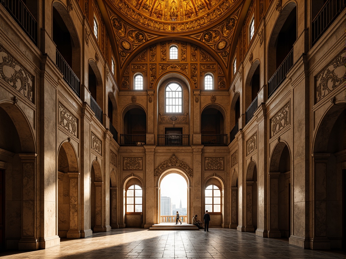 Prompt: Intricate stone carvings, ornate arches, golden domes, rustic masonry walls, vibrant mosaic patterns, grand entranceways, ornamental columns, luxurious marble floors, mystical ambiance, warm soft lighting, dramatic shadows, high-contrast composition, 1/2 perspective, atmospheric depth of field, realistic textures, subtle ambient occlusion.