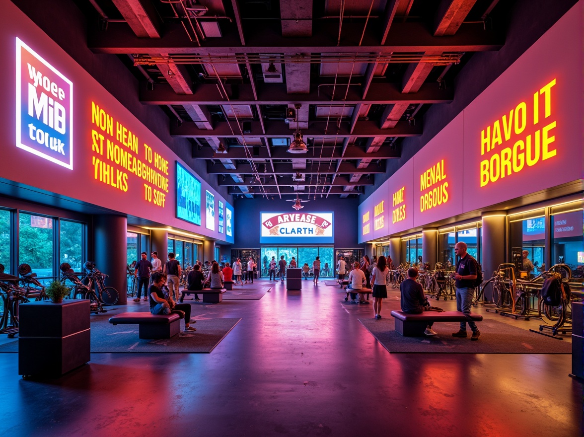 Prompt: Vibrant fitness studio, dynamic neon lights, energetic atmosphere, bold color scheme, deep blues, fiery oranges, electric yellows, motivational quotes, modern equipment, sleek flooring, futuristic architecture, high ceilings, expansive windows, natural light, refreshing ambiance, rejuvenating vibe, invigorating air, 3/4 composition, shallow depth of field, soft warm lighting.