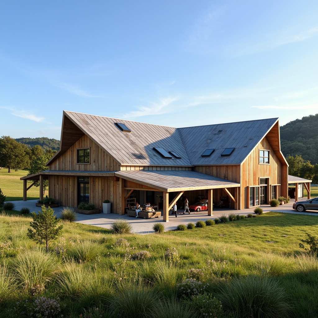 Prompt: Rustic barn, wooden accents, corrugated metal roofs, innovative truss systems, exposed beams, natural ventilation, clerestory windows, skylights, rustic wood siding, weathered steel cladding, asymmetrical rooflines, dramatic overhangs, modern agricultural equipment, rural landscape, rolling hills, green pastures, clear blue sky, warm sunlight, soft shadows, 1/2 composition, realistic textures, ambient occlusion.