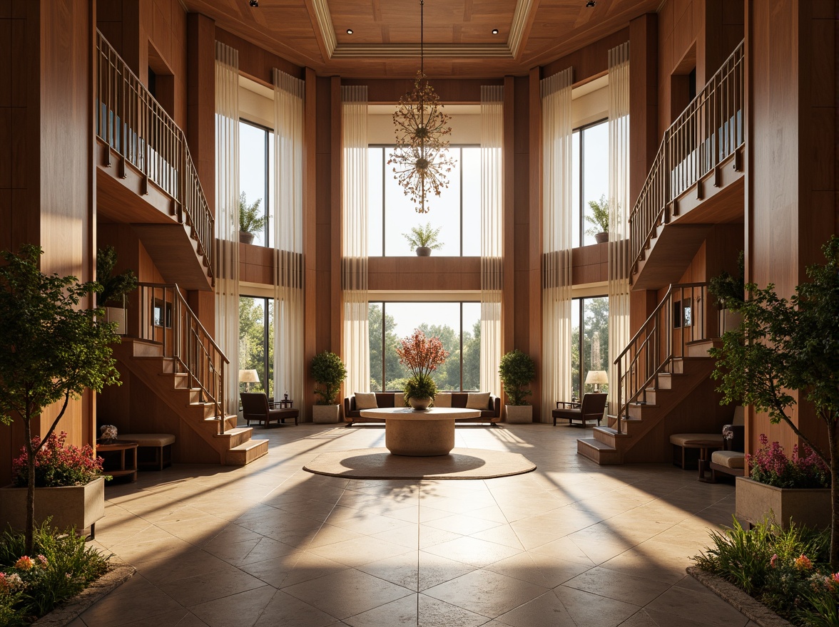 Prompt: Cozy hotel lobby, grand staircase, warm wooden accents, luxurious furnishings, floor-to-ceiling windows, sheer curtains, natural stone flooring, elegant chandeliers, soft warm lighting, ambient atmosphere, relaxed seating areas, lush greenery, blooming flowers, sunny day, shallow depth of field, 3/4 composition, panoramic view, realistic textures, ambient occlusion.