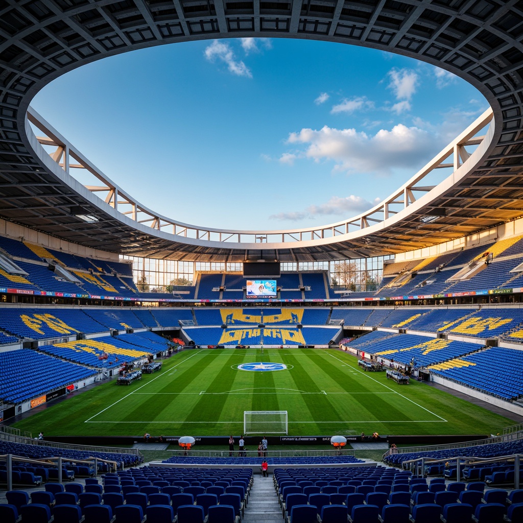 Prompt: Vibrant stadium atmosphere, electric blue seats, bright green grass, warm golden lighting, dynamic sports branding, bold typography, modern architecture, sleek curves, angular lines, metallic accents, industrial materials, urban landscape, cityscape views, dramatic skyboxes, cinematic depth of field, shallow focus, 2/3 composition, symmetrical framing, high-contrast colors, energetic color blocking, neon-like accents, glowing scoreboards.