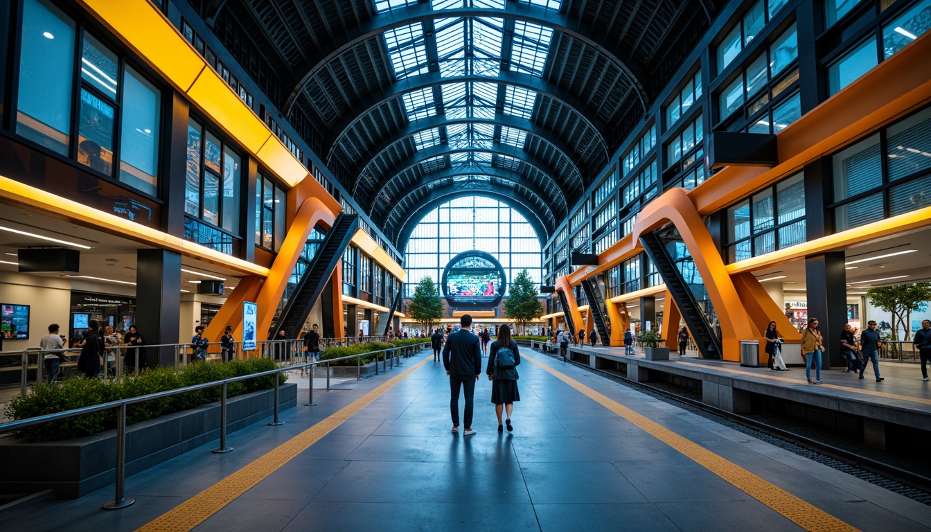 Prompt: Vibrant train station, industrial metal beams, urban cityscape, bustling atmosphere, modern LED lighting, dynamic signage, bold color blocking, bright yellow accents, deep blue tones, warm orange hues, sleek glass surfaces, polished steel rails, futuristic architecture, high-ceilinged interior, airy open spaces, natural stone flooring, greenery walls, ambient occlusion, shallow depth of field, 3/4 composition, panoramic view.