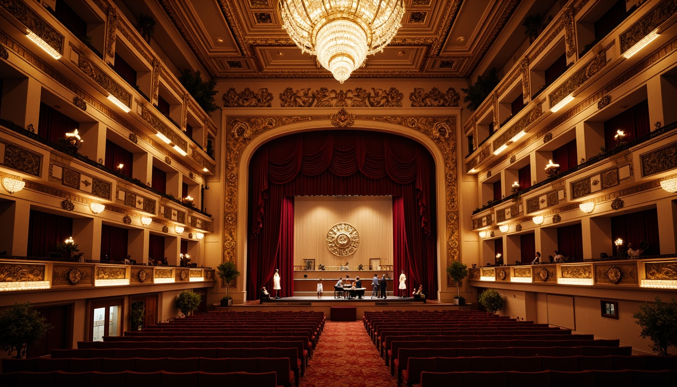 Prompt: Grand opera house, ornate chandeliers, velvet curtains, gilded balconies, tiered seating, intricate moldings, lavish decorations, rich wood tones, plush carpets, acoustic panels, sound-absorbing materials, precise speaker placement, optimized reverberation time, warm intimate lighting, subtle color palette, elegant furnishings, refined textures, detailed ornamental patterns, grandeur scale, majestic architecture, Baroque-inspired designs, soft warm glow, realistic reflections.