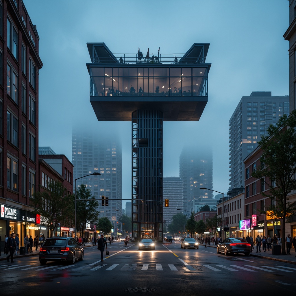 Prompt: Futuristic watchtower, modernist architecture, sleek metal beams, minimalist design, angular lines, industrial materials, bold geometric shapes, cantilevered structures, panoramic views, urban cityscape, busy streets, vibrant nightlife, neon lights, misty evening, shallow depth of field, 1/1 composition, symmetrical framing, high contrast lighting, realistic textures, ambient occlusion.