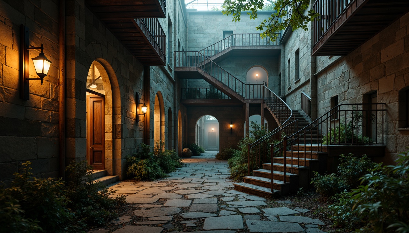 Prompt: Weathered stone walls, rusty metal beams, distressed wood accents, vintage lanterns, winding staircases, Gothic arches, mysterious misty atmosphere, eerie warm lighting, cinematic shading, dramatic composition, low-angle shot, atmospheric perspective, rugged natural textures, moss-covered stones, overgrown vegetation, abandoned feel, nostalgic mood, Film Noir inspiration.