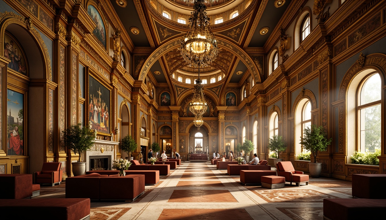 Prompt: Intricate gold mosaics, shimmering glass tiles, ornate Orthodox crosses, lavish imperial throne rooms, opulent Byzantine palaces, richly decorated domes, grandiose cathedral interiors, stunning apse mosaics, vivid saint portraits, exquisite marble floors, luxurious silk textiles, warm golden lighting, dramatic shadows, high-angle composition, realistic reflections, ambient atmospheric effects.