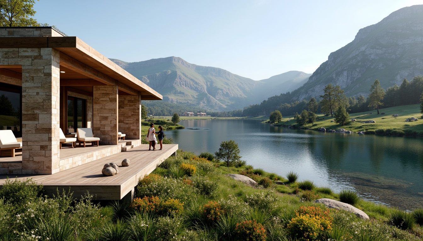 Prompt: Mountainous landscape, rolling hills, serene lakeside, lush greenery, vibrant wildflowers, natural stone walls, wooden decks, minimalist modern architecture, large windows, sliding glass doors, cantilevered roofs, overhanging eaves, shaded outdoor spaces, comfortable seating areas, warm soft lighting, 1/1 composition, realistic textures, ambient occlusion.