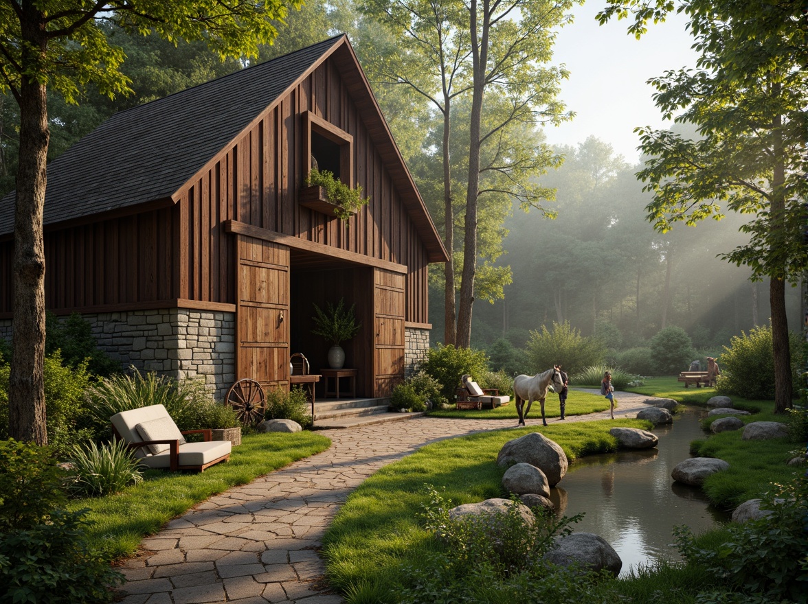 Prompt: Rustic barn, natural stone walls, wooden accents, vintage agricultural tools, lush greenery, wildflowers, meandering pathways, tranquil ponds, serene forest surroundings, misty morning atmosphere, warm soft lighting, shallow depth of field, 1/1 composition, symmetrical framing, earthy color palette, weathered wood textures, distressed metal elements, organic shapes, free-flowing curves, whimsical details, nostalgic charm.