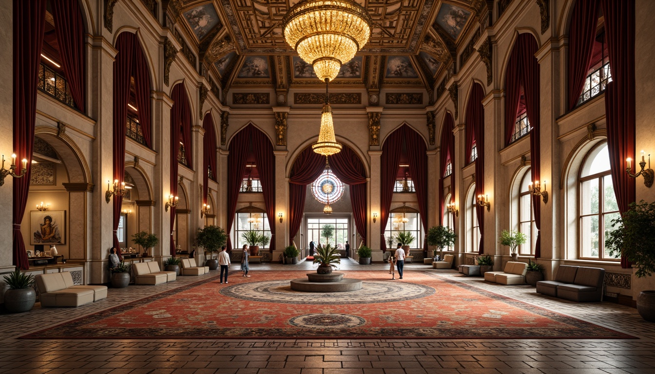 Prompt: Majestic Byzantine-style visitor center, grand high ceilings, ornate golden chandeliers, intricate mosaic floors, richly patterned rugs, luxurious velvet drapes, majestic stone columns, imposing archways, sacred iconography, vibrant stained glass windows, warm soft lighting, shallow depth of field, 1/1 composition, symmetrical layout, realistic textures, ambient occlusion.