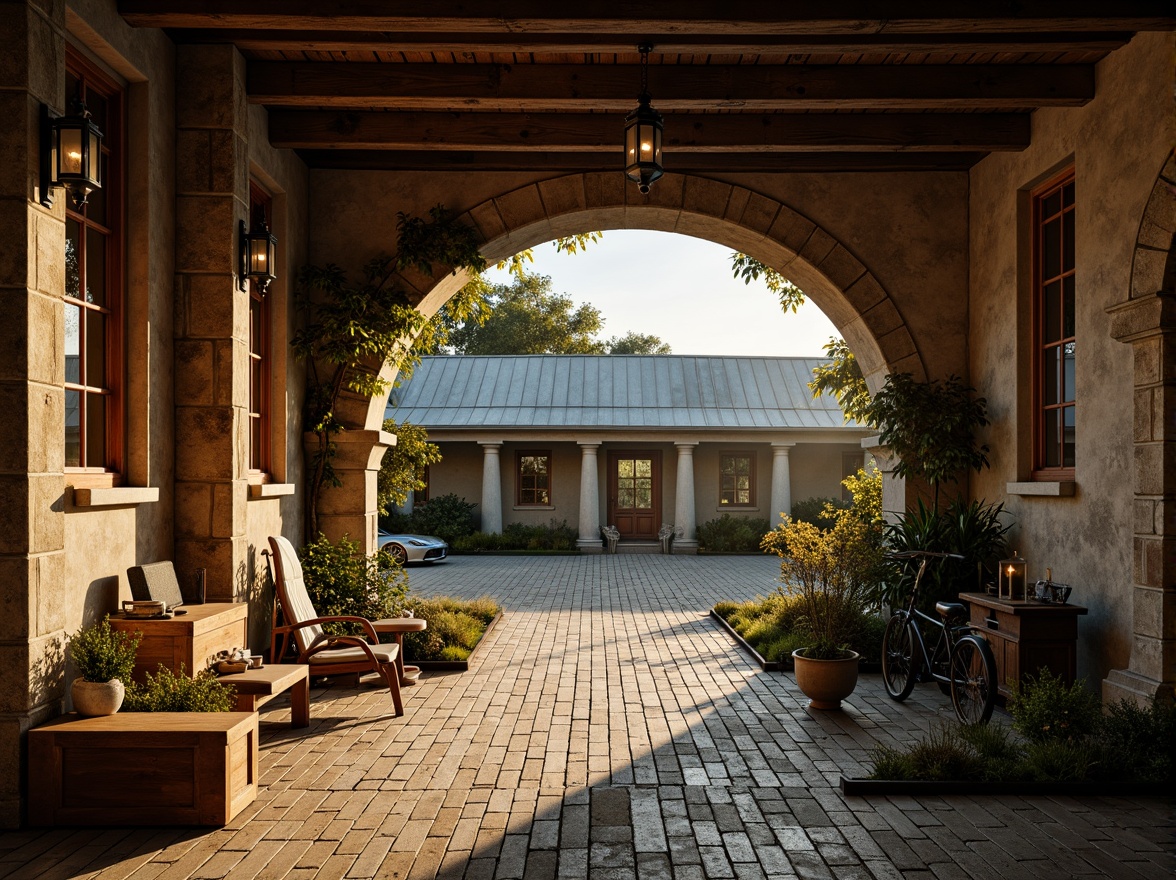 Prompt: Rustic barn, wooden planks, distressed textures, vintage agricultural equipment, weathered metal roofs, earthy tones, natural stone foundations, ivy-covered walls, classic academic columns, ornate stone carvings, lantern-style lighting, warm golden lighting, shallow depth of field, 1/2 composition, realistic wood grain, ambient occlusion.