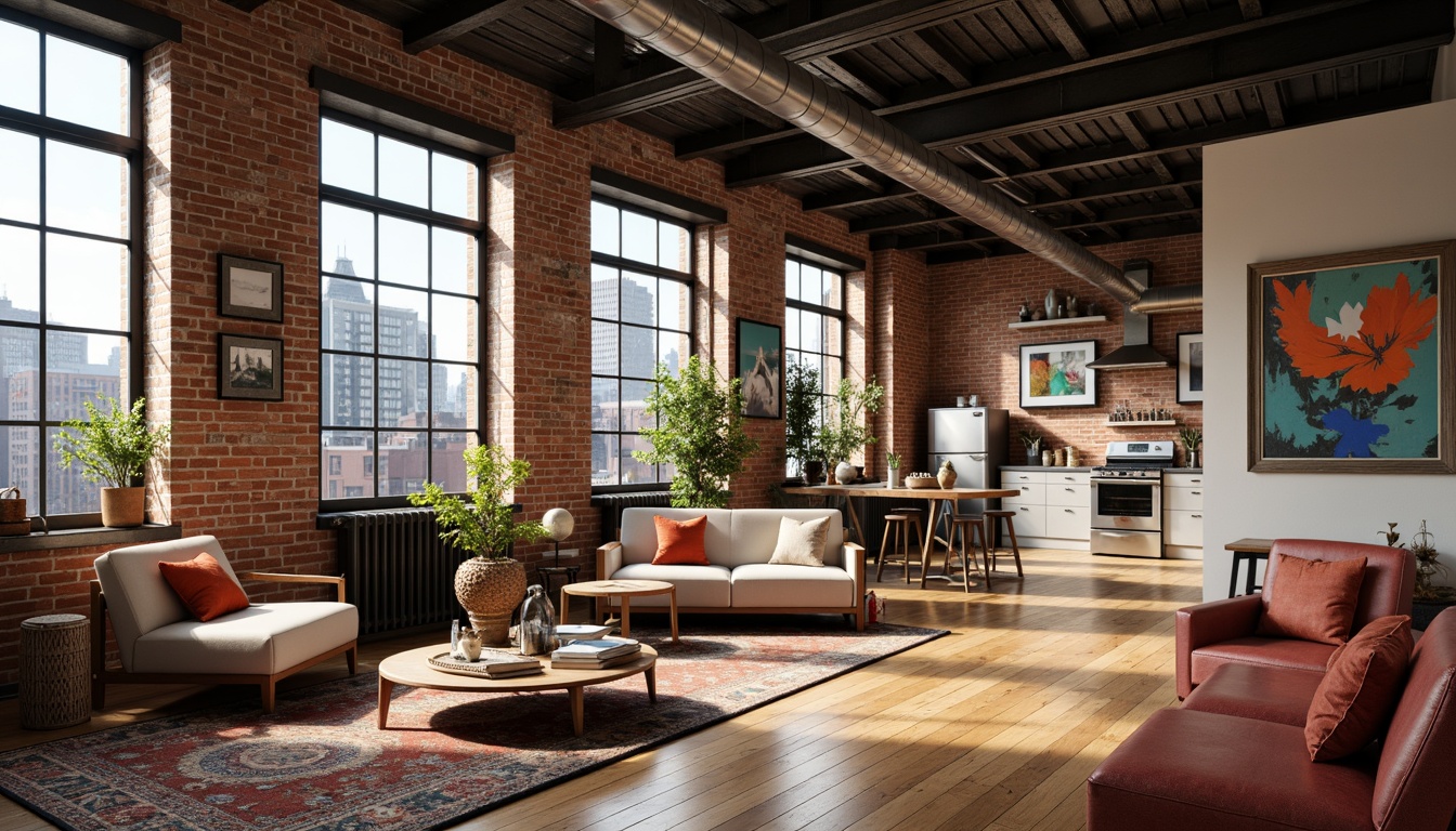 Prompt: Industrial chic loft, exposed brick walls, metal beams, reclaimed wood floors, vintage furniture, bold color accents, vibrant artwork, eclectic decor, urban landscape views, natural light pouring in, airy atmosphere, open floor plan, minimalist kitchenette, modern appliances, sleek countertops, cozy reading nooks, plush throw blankets, warm task lighting, shallow depth of field, 3/4 composition, soft focus effect.