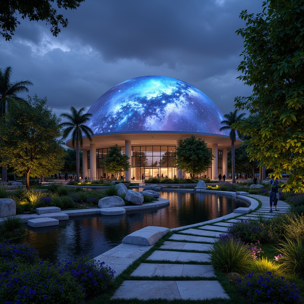 Prompt: Celestial-themed planetarium, futuristic domed structure, starry night sky projections, surrounding lush greenery, curved walkways, water features, tranquil ponds, floating stepping stones, native plants, blooming flowers, soft ambient lighting, shallow depth of field, 3/4 composition, panoramic view, realistic textures, atmospheric fog effects, misting systems, intricate stonework, natural rock formations, subtle outdoor seating areas.