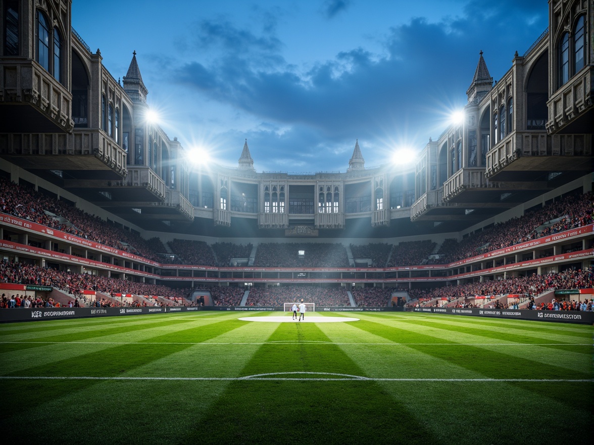 Prompt: Grandiose Gothic stadium, intricate stone carvings, steeply pitched roofs, ribbed vaults, flying buttresses, ornate gargoyles, stained glass windows, vibrant team colors, lush green grass, modern soccer field lighting, misty evening atmosphere, dramatic spotlights, 1/1 composition, shallow depth of field, realistic textures, ambient occlusion.