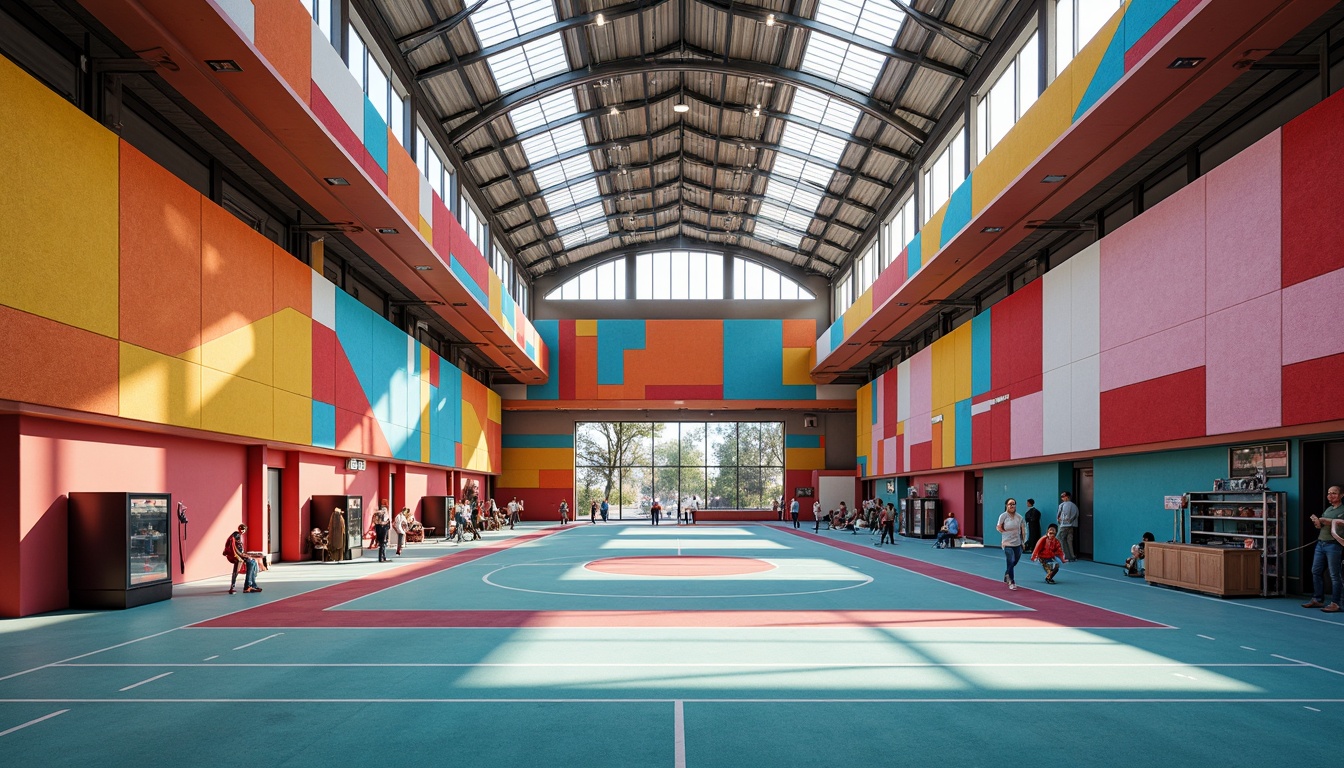 Prompt: Vibrant gymnasium interior, bold color schemes, dynamic textile patterns, acoustic panels, sound-absorbing materials, athletic track surfaces, sports equipment storage, flexible seating areas, modular flooring systems, natural ventilation systems, clerestory windows, abundant natural light, softbox lighting, 1/2 composition, shallow depth of field, realistic textures, ambient occlusion.