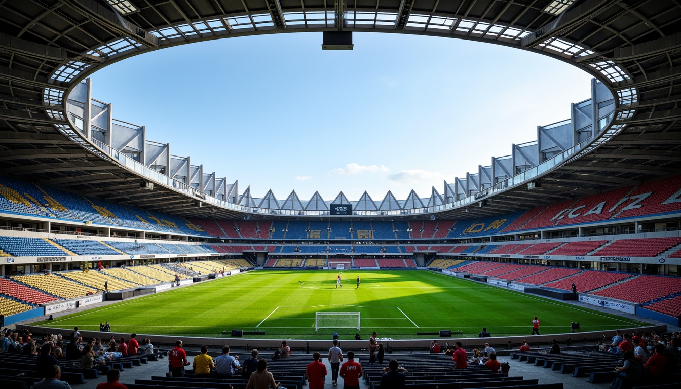 Prompt: \Sleek international-style soccer stadium, curved futuristic facade, dynamic LED lighting, angular metallic structures, transparent glass panels, cantilevered roofs, minimalist entrance gates, vibrant colorful seats, lush green grass fields, athletic tracks, modern scoreboard displays, floodlighting systems, shallow depth of field, 3/4 composition, panoramic view, realistic textures, ambient occlusion.\