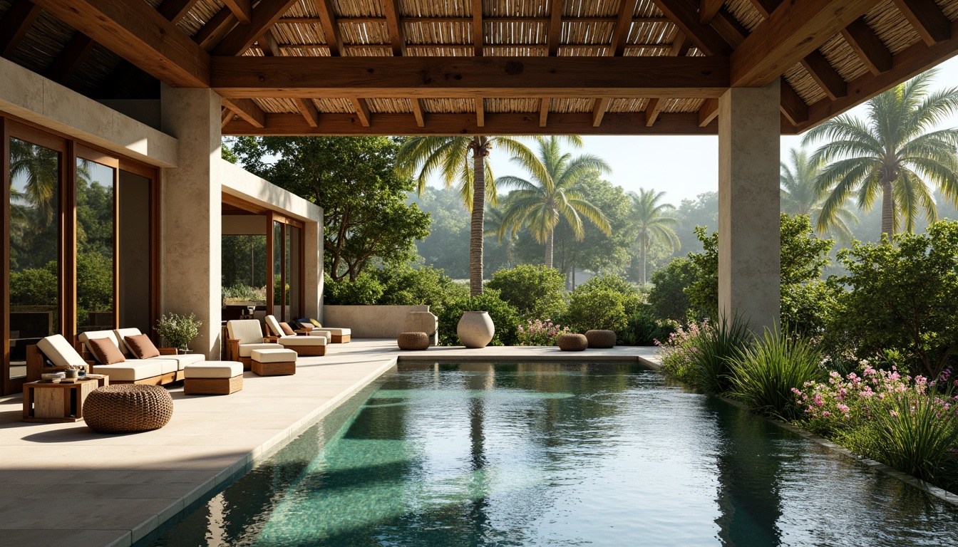 Prompt: Tropical swimming pool, natural ventilation system, large windows, sliding glass doors, wooden roof trusses, exposed beams, rustic stone walls, lush greenery, palm trees, blooming flowers, sunny day, soft warm lighting, shallow depth of field, 3/4 composition, panoramic view, realistic textures, ambient occlusion, rustic metal accents, woven bamboo furniture, natural fiber textiles, earthy color palette, organic shapes, free-form architecture, open-plan design, seamless indoor-outdoor transition.