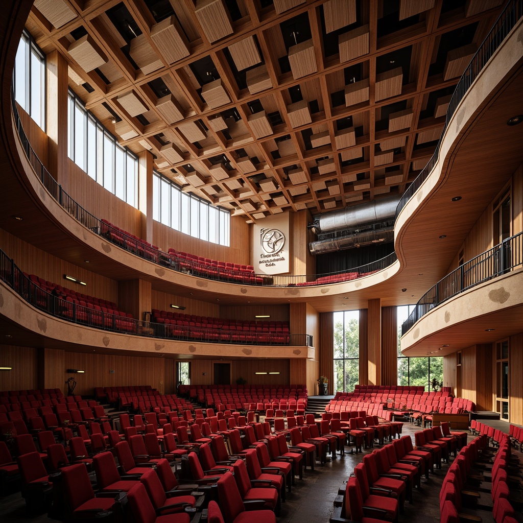 Prompt: Grand auditorium, sweeping curves, tiered seating, wooden accents, minimal ornamentation, vast open space, high ceilings, clerestory windows, natural light flooding, soft warm glow, subtle shadows, ambient illumination, diffused overhead lighting, suspended acoustic panels, rich wood tones, plush red seats, ornate metal railings, intricate moldings, dramatic stage presence, vibrant color scheme, 1/2 composition, atmospheric perspective, realistic textures, soft focus blur.