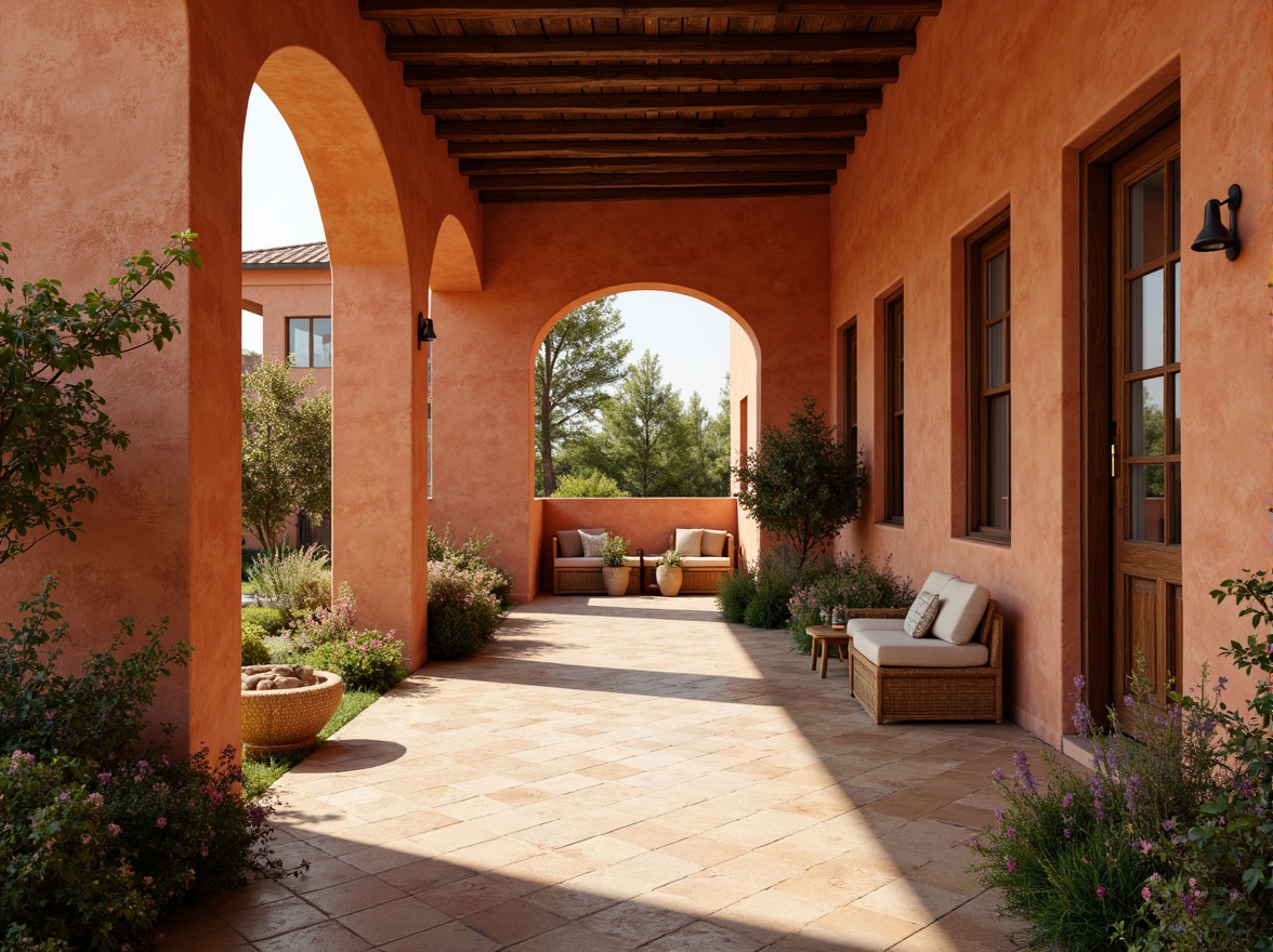 Prompt: Warm persimmon hues, earthy terracotta tones, soft golden light, rustic stone walls, natural wooden accents, cozy interior spaces, inviting courtyards, Mediterranean-inspired architecture, curved lines, ornate details, vibrant orange undertones, rich brown textures, warm beige stucco, lush greenery, blooming flowers, sunny afternoon, soft shadows, atmospheric perspective, 1/2 composition, realistic renderings.