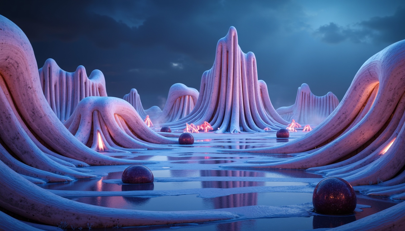 Prompt: Undulating blob-like structures, curvaceous lines, futuristic architecture, iridescent color palette, glossy reflective surfaces, translucent materials, soft ambient lighting, misty atmosphere, dreamlike quality, surreal landscapes, extraterrestrial feel, 3D modeled shapes, algorithmic patterns, fractal geometry, biomimetic design, organic forms, fluid dynamics inspiration, curvilinear silhouettes, neon-lit nighttime scene, shallow depth of field, 1/1 composition, cinematic view.