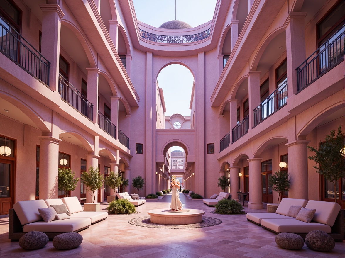 Prompt: Majestic mauve buildings, soft pinkish-purple hue, elegant curves, ornate details, luxurious materials, grand entranceways, sweeping staircases, lavish chandeliers, opulent furnishings, refined textures, subtle gradient effects, warm golden lighting, shallow depth of field, 2/3 composition, cinematic view, realistic reflections, ambient occlusion.