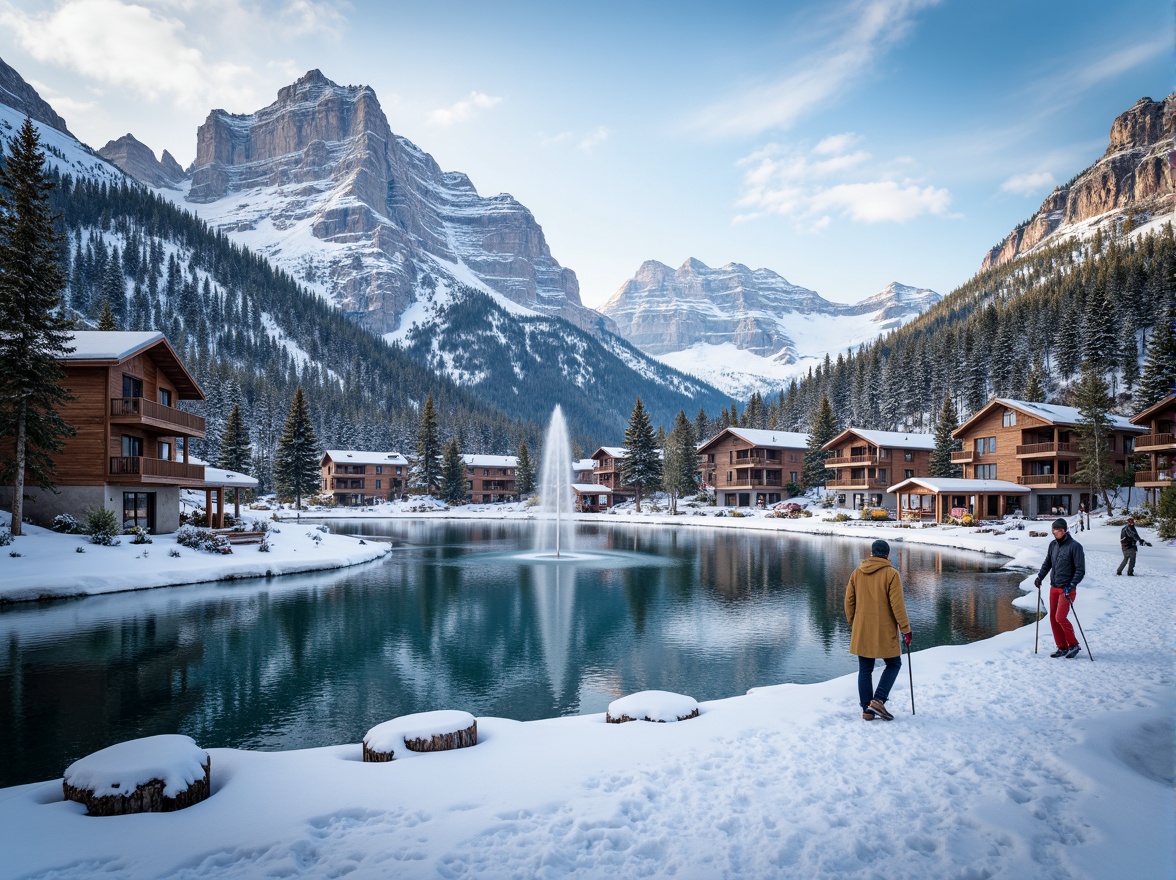 Prompt: Snow-capped mountains, frozen lakes, winter sports equipment, wooden cabins, rustic ambiance, earthy tones, natural textures, pine trees, frosty mornings, warm fireplaces, cozy lodges, vibrant ski suits, bright snowflakes, icy blues, creamy whites, rich browns, adventurous atmosphere, dynamic lighting, high-contrast composition, cinematic mood, realistic renderings.