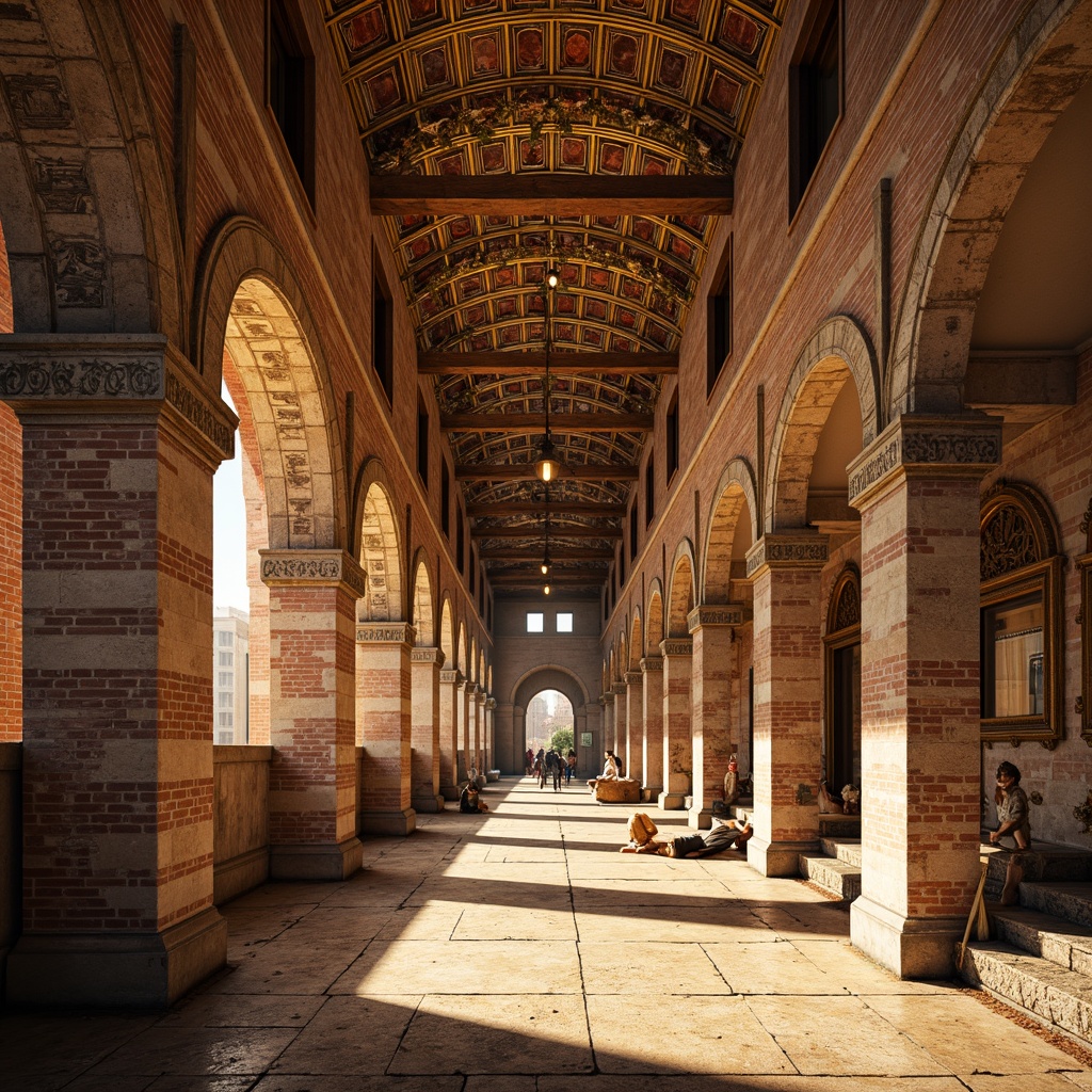 Prompt: Intricate stone carvings, ornate arches, golden mosaics, rustic red bricks, ancient Byzantine-inspired design, grand entranceways, majestic domed roofs, intricate column capitals, ornamental frescoes, warm golden lighting, soft shadows, shallow depth of field, 1/1 composition, symmetrical framing, realistic textures, ambient occlusion.