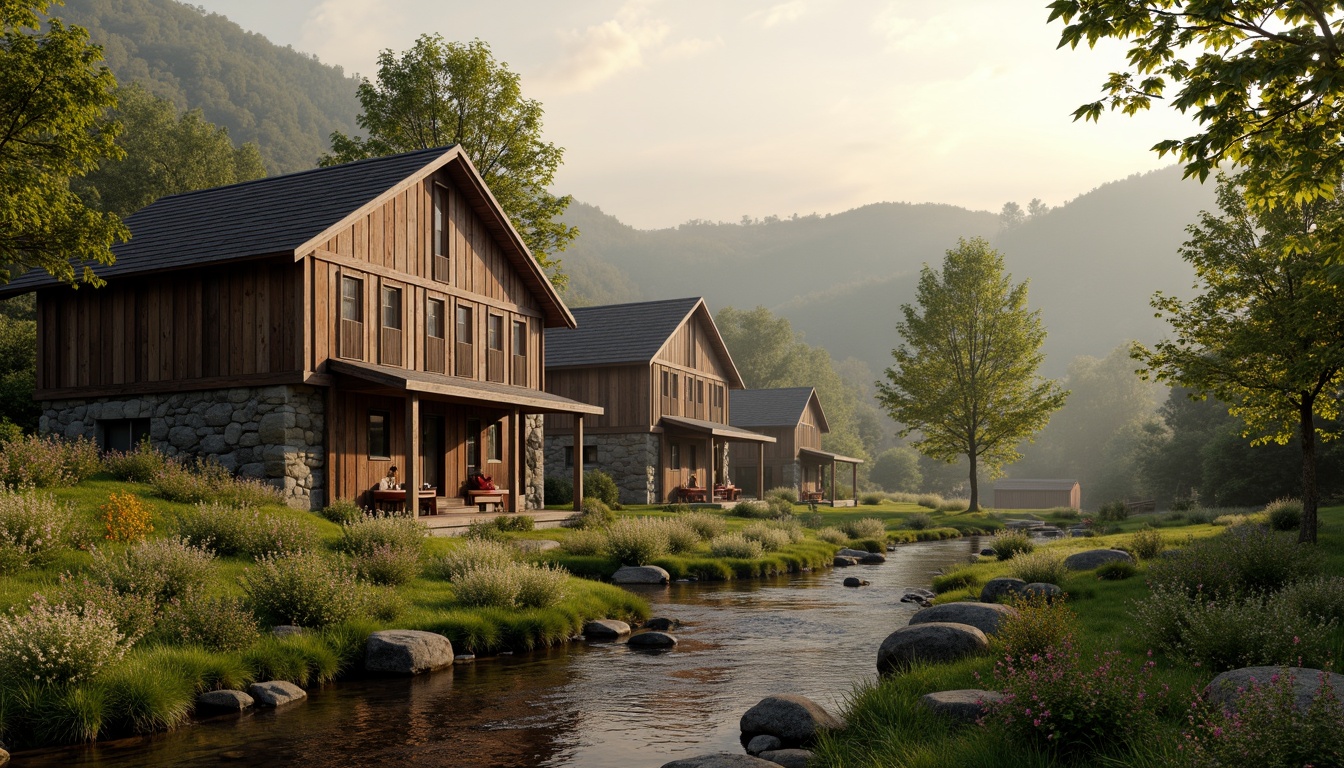 Prompt: Rustic barn-style buildings, wooden accents, natural stone foundations, lush greenery, blooming wildflowers, meandering streams, serene rural landscapes, rolling hills, misty morning atmosphere, warm golden lighting, soft focus effect, 1/1 composition, intimate scale, earthy color palette, organic textures, ambient occlusion.