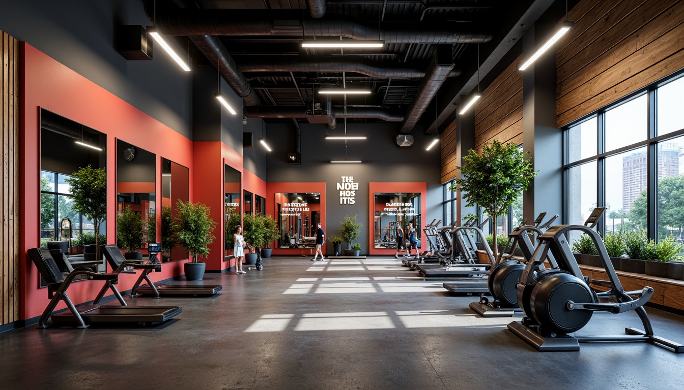 Prompt: Modern fitness center interior, sleek metal equipment, rubber flooring, vibrant color accents, motivational quotes, minimalist decor, functional lighting, mirrored walls, state-of-the-art sound systems, open spaces, high ceilings, industrial-chic architecture, urban loft-inspired design, reclaimed wood accents, energetic ambiance, dynamic shadows, 1/2 composition, softbox lighting, realistic reflections.