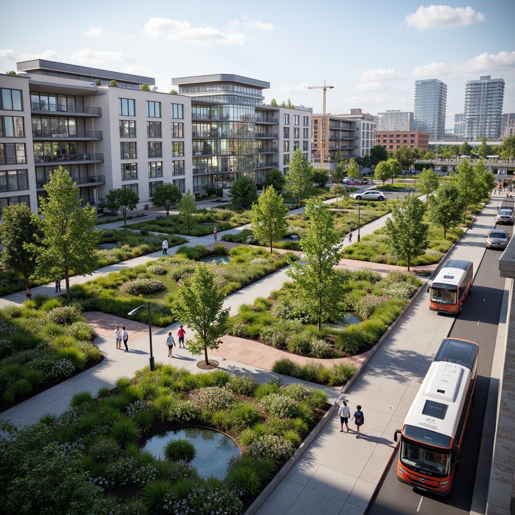 Prompt: Vibrant transportation hub, lush green roofs, natural stone walls, modern architecture, large windows, glass facades, bustling cityscape, urban landscape, pedestrian walkways, cyclist paths, bus rapid transit systems, electric vehicle charging stations, eco-friendly infrastructure, sustainable urban planning, innovative stormwater management, rain gardens, bioswales, native plant species, vibrant street art, dynamic LED lighting, shallow depth of field, 3/4 composition, panoramic view, realistic textures, ambient occlusion.