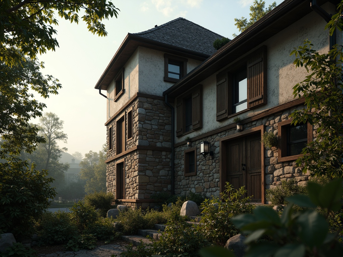 Prompt: Rustic watching tower, worn stone walls, moss-covered roofs, distressed wood accents, iron lanterns, wooden shutters, crumbling brick facades, overgrown vines, mysterious forest surroundings, misty dawn atmosphere, warm soft lighting, shallow depth of field, 1/1 composition, dramatic low-angle view, realistic textures, ambient occlusion.