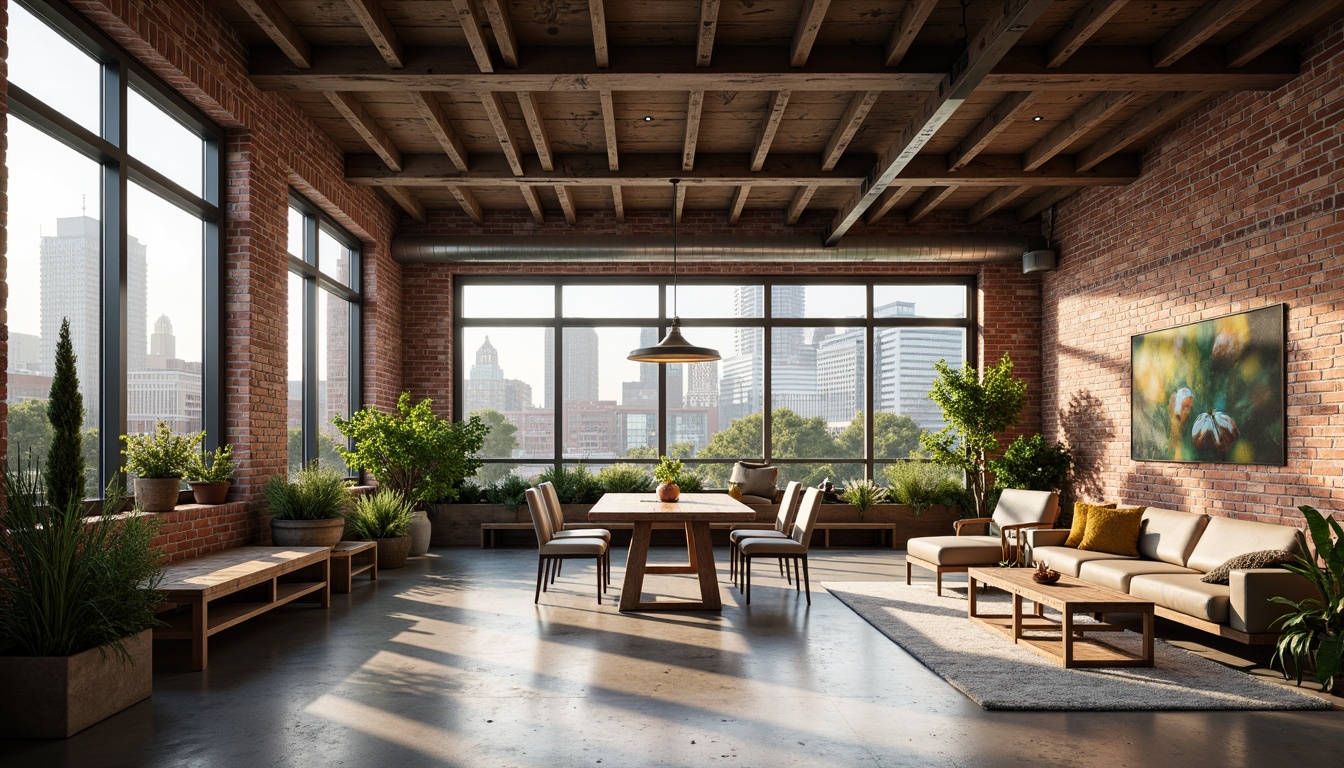 Prompt: Industrial chic loft interior, reclaimed wood accents, exposed brick walls, high ceilings, large windows, natural light, urban skyline views, eco-friendly materials, low VOC paints, energy-efficient appliances, solar panels, green roofs, rainwater harvesting systems, living walls, vertical gardens, minimalist decor, recycled metal beams, polished concrete floors, warm industrial lighting, shallow depth of field, 1/1 composition, realistic textures, ambient occlusion.