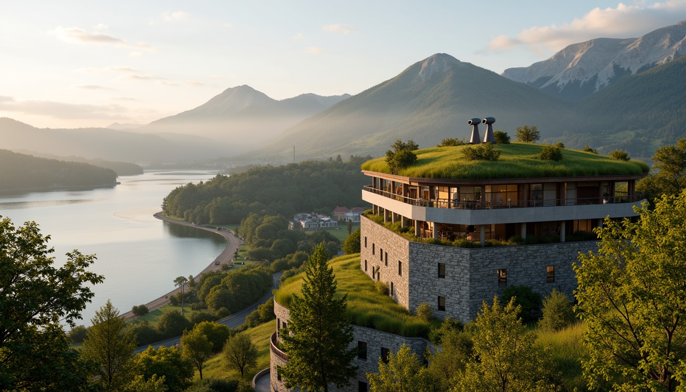 Prompt: Majestic watching tower, harmonious landscape integration, lush green roofs, verdant walls, natural stone foundations, wooden accents, rustic textures, rolling hills, serene lakeside, misty mountains, scenic vistas, binoculars, telescopes, observation decks, panoramic views, warm golden lighting, soft focus blur, atmospheric perspective, 1/2 composition, symmetrical balance, realistic renderings, ambient occlusion.