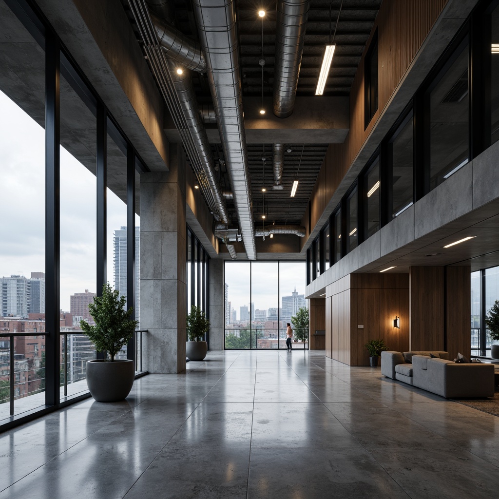 Prompt: Polished concrete floors, exposed ductwork, industrial metal beams, minimalist ornamentation, sleek glass facades, monochromatic color schemes, brutalist concrete structures, abstract geometric patterns, metallic accents, reclaimed wood features, urban cityscape backdrop, overcast sky, dramatic spotlighting, low-key ambient lighting, 1/1 composition, symmetrical framing, high-contrast textures, cinematic depth of field.