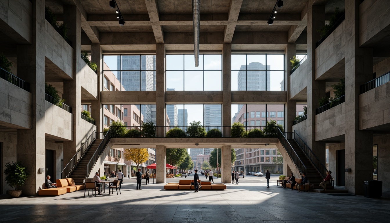 Prompt: Monumental public administration building, brutalist architecture, raw concrete walls, rugged stone floors, industrial-style lighting fixtures, exposed ductwork, minimalist decor, functional furniture, institutional ambiance, grand staircase, imposing pillars, dramatic high ceilings, natural light pouring in, urban cityscape outside, busy streets, vibrant street art, harsh shadows, moody atmosphere, cinematic composition, low-key lighting, shallow depth of field.