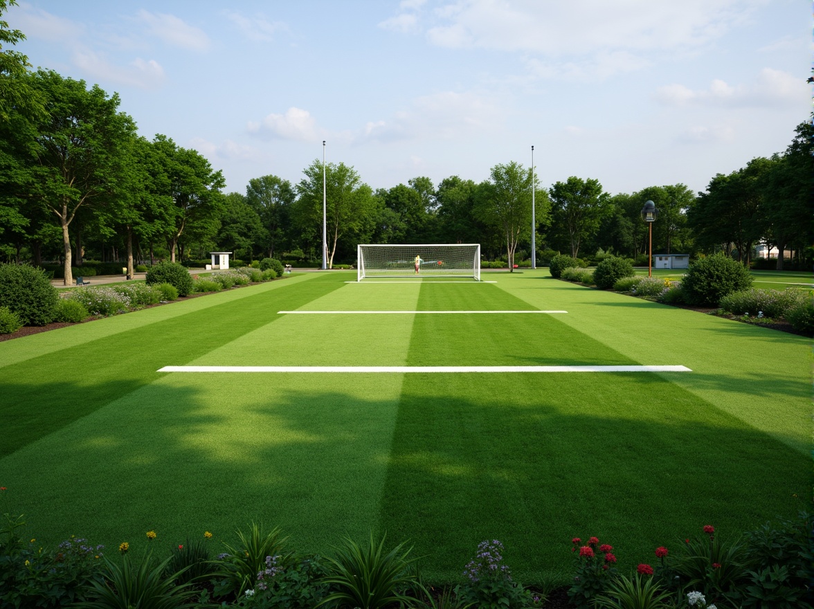 Prompt: Natural grass, lush greenery, athletic tracks, soccer goals, football fields, rugby pitches, cricket grounds, tennis courts, baseball diamonds, softball fields, running trails, jogging paths, outdoor recreational spaces, durable artificial turf, shock-absorbing underlayment, rubberized surfaces, textured finishes, vibrant color schemes, high-visibility line markings, drainage systems, irrigation networks, sports lighting, evening floodlights, panoramic views, shallow depth of field, 3/4 composition.