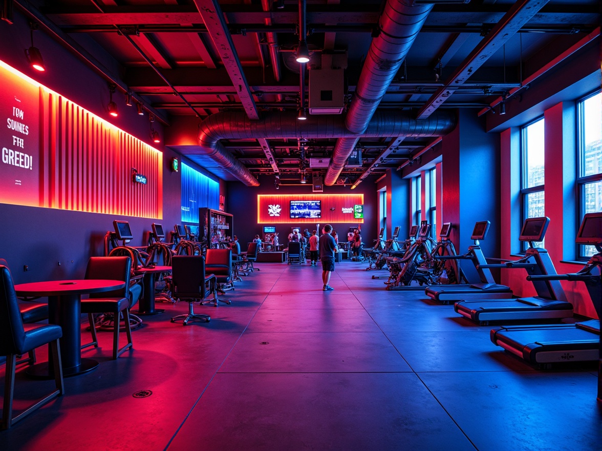 Prompt: Vibrant fitness club, energetic atmosphere, bold color scheme, neon hues, electric blue tones, fiery red accents, metallic silver details, sleek modern equipment, motivational quotes, industrial-chic flooring, exposed ductwork, urban loft-inspired design, high-contrast lighting, dramatic shadows, dynamic composition, realistic textures, ambient occlusion.