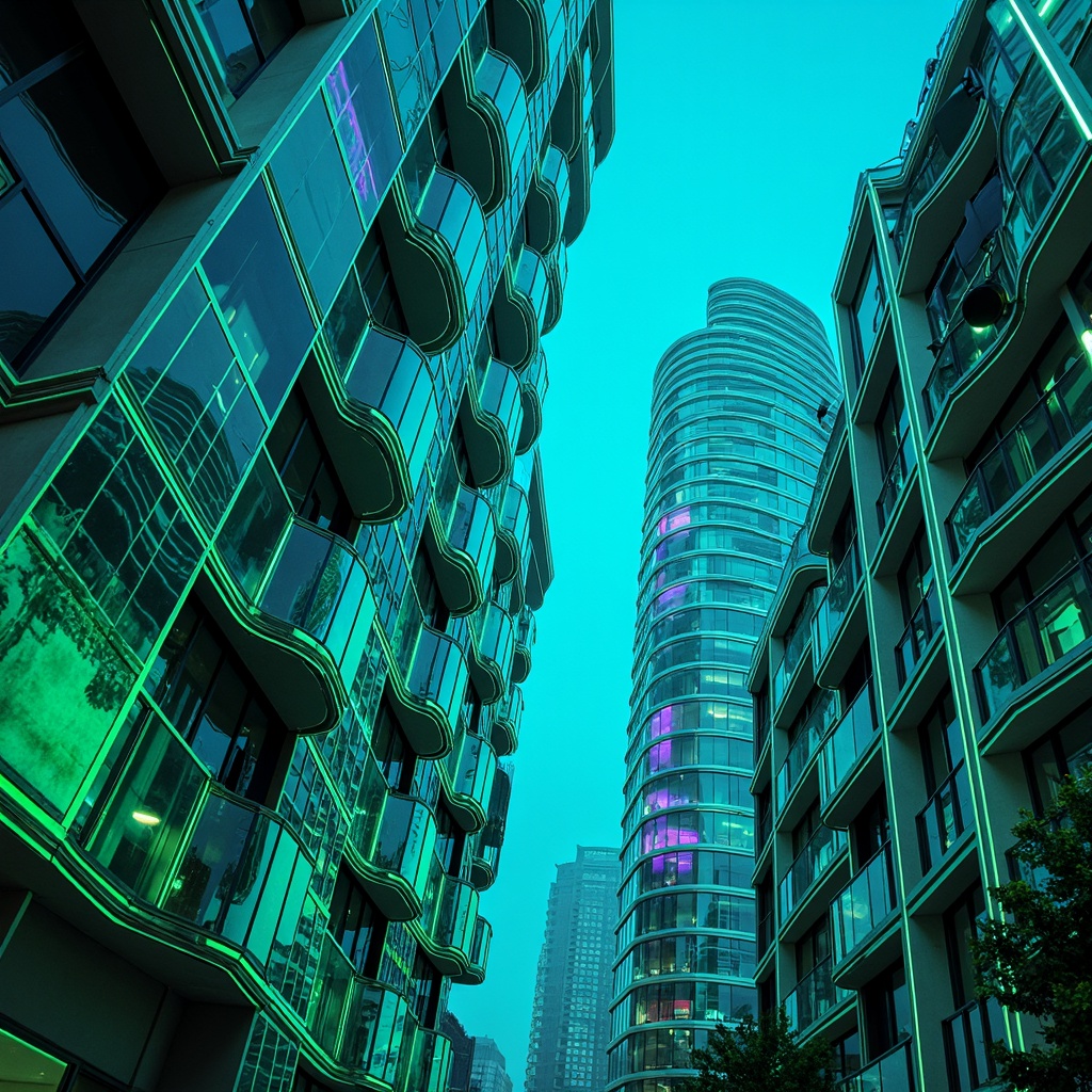 Prompt: Vibrant turquoise buildings, iridescent glass facades, neon green accents, glowing purple highlights, metallic silver surfaces, sleek black outlines, futuristic architecture, curved lines, abstract shapes, dreamy ambient lighting, soft misty atmosphere, shallow depth of field, 1/1 composition, symmetrical view, high-contrast colors, luminous materials, holographic effects.