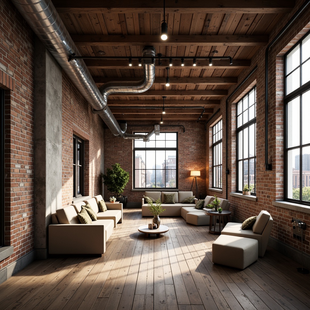 Prompt: Industrial chic loft, exposed brick walls, metal beams, wooden ceiling, urban atmosphere, natural light pouring in, large windows, minimalist decor, reclaimed wood flooring, modern industrial lighting, functional pipes, ductwork, concrete columns, distressed finishes, earthy tones, cozy reading nooks, intimate seating areas, soft warm glow, 3/4 composition, shallow depth of field, panoramic view, realistic textures.