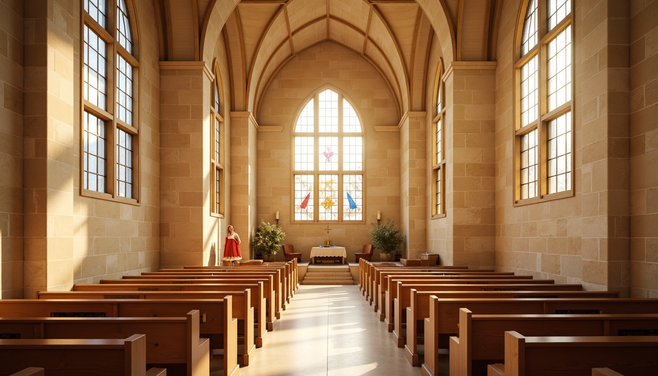 Prompt: Sacred church interior, warm beige stone walls, stained glass windows, rich wood accents, soft cream pews, gentle golden lighting, serene atmosphere, subtle earthy tones, elegant simplicity, minimalist design, natural textures, calming ambiance, peaceful surroundings, inspirational quotes, spiritual symbols, warm inviting colors, comforting shades, harmonious hues, soothing color scheme.