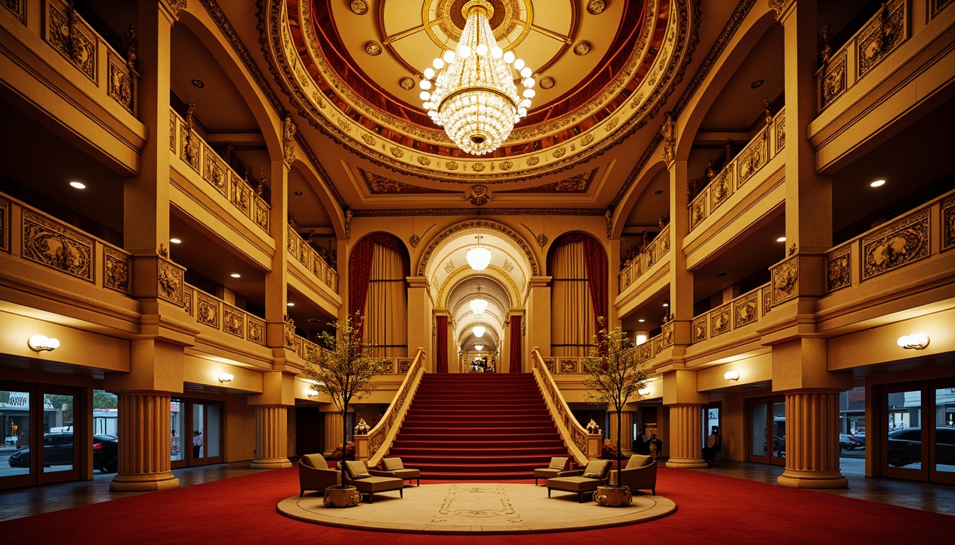 Prompt: Grand opera house, fusion architecture, sweeping curves, ornate details, opulent chandeliers, lavish red carpets, grand staircase, majestic columns, intricate moldings, baroque ornaments, gilded accents, vibrant golden lighting, shallow depth of field, 1/1 composition, dramatic low-angle shot, cinematic atmosphere, realistic reflections, ambient occlusion, urban cityscape background, bustling streets, evening ambiance, soft warm glow.