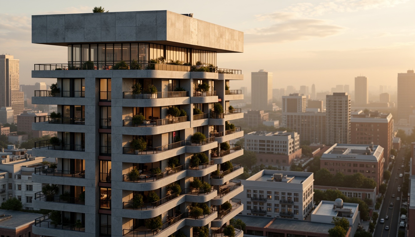 Prompt: Monochromatic skyscraper, sleek metallic fa\u00e7ade, bold angular lines, minimalist balconies, urban cityscape, foggy morning atmosphere, warm golden lighting, shallow depth of field, 1/1 composition, realistic reflective surfaces, ambient occlusion, modernist architectural style, brutalist concrete accents, industrial chic textures, dark muted color palette, neutral beige tones, pops of bold crimson, abstract geometric patterns, luxurious rooftop lounge, panoramic city views.