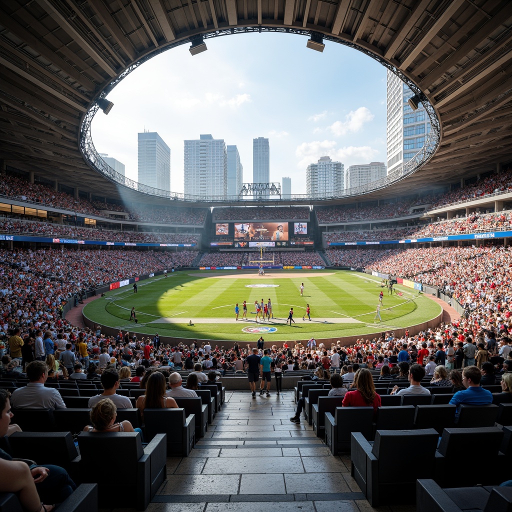 Prompt: Stadium seating, tiered rows, vibrant audience, comfortable chairs, ample legroom, premium VIP areas, immersive LED displays, dynamic lighting systems, 360-degree views, atmospheric sound effects, sleek modern architecture, curved lines, grand entrance gates, bustling concourse, diverse food vendors, interactive exhibits, panoramic cityscape, warm sunny day, shallow depth of field, 1/1 composition, realistic textures, ambient occlusion.