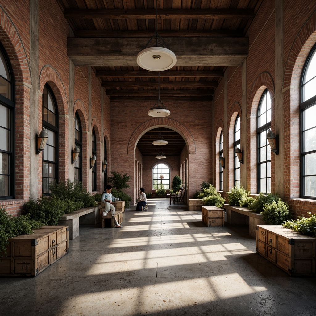 Prompt: Exposed brick facade, industrial steel beams, rustic wooden crates, vintage metal lamps, distressed concrete floors, weathered stone walls, ornate ironwork, classical columns, grand archways, high ceilings, large windows, natural light pouring in, warm earthy tones, subtle texture details, shallow depth of field, 1/2 composition, realistic renderings, ambient occlusion.