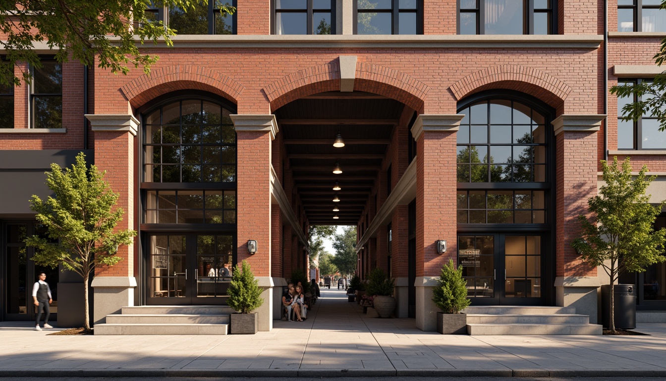 Prompt: Rustic warehouse facade, classic industrial aesthetic, exposed brick walls, wooden beam accents, metal frame windows, vintage pulley systems, distressed concrete floors, reclaimed wood textures, earthy color palette, warm natural lighting, soft shadows, 1/2 composition, symmetrical balance, ornate metalwork details, decorative cornices, arched doorways, grand entranceways, urban cityscape background, morning sunlight, subtle atmospheric fog.