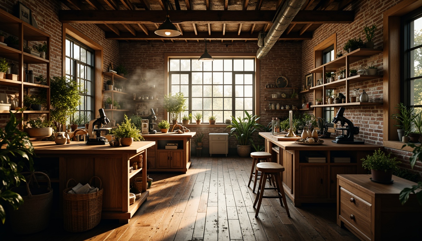 Prompt: Dramatic laboratory interior, warm natural light, soft shadows, rustic wooden accents, vintage scientific equipment, antique microscopes, distressed brick walls, industrial metal beams, romantic ambiance, soft focus, shallow depth of field, 1/2 composition, warm color palette, earthy tones, natural textiles, woven baskets, potted plants, botanical specimens, classic furniture pieces, ornate details, subtle lighting, cozy atmosphere.