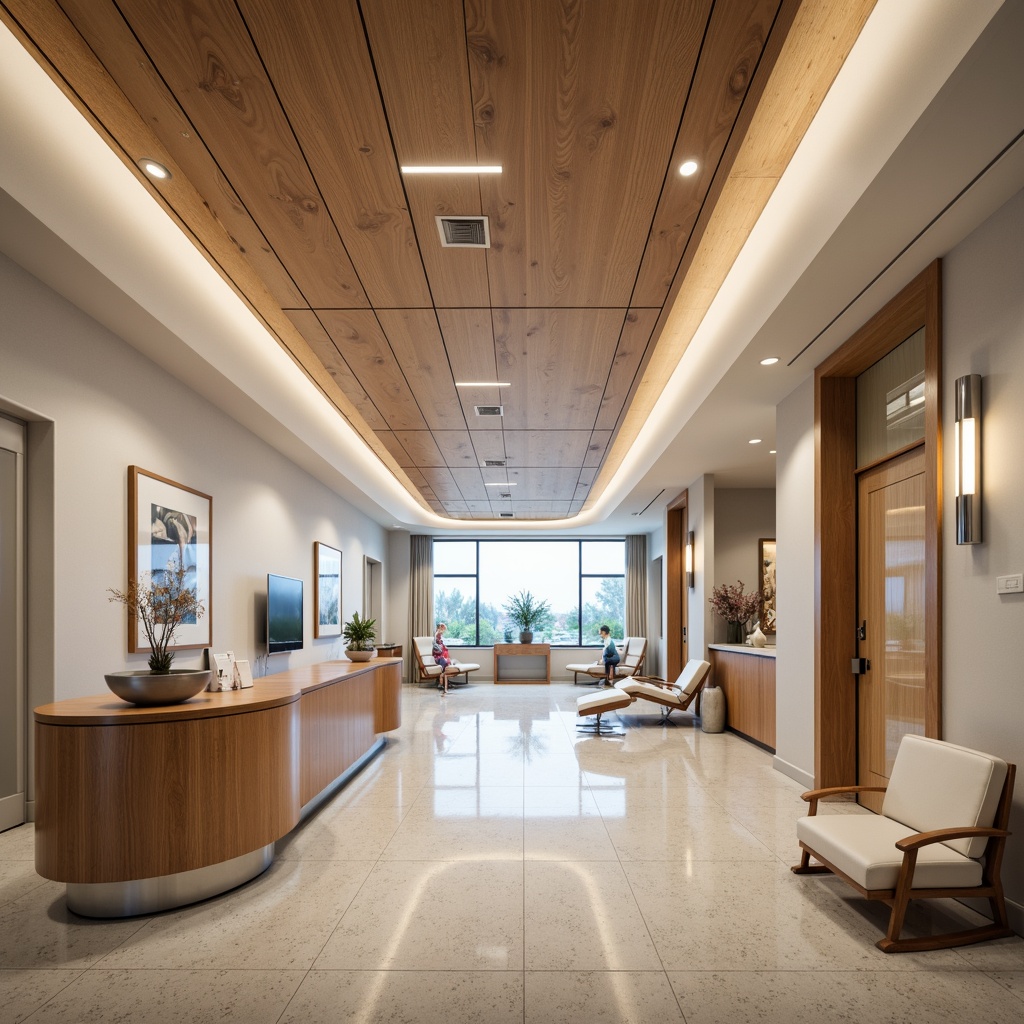 Prompt: Curved lines, minimalist aesthetic, polished chrome fixtures, warm neutral tones, soft indirect lighting, LED strips, recessed ceiling lights, elegant sconces, natural materials, wooden accents, sleek metal frames, floor-to-ceiling windows, panoramic views, calming atmosphere, serene ambiance, healthcare-oriented color scheme, pastel hues, comfortable waiting areas, modern medical equipment, advanced technology integration, subtle texture variations, shallow depth of field, 2/3 composition, cinematic lighting effects, realistic reflections.