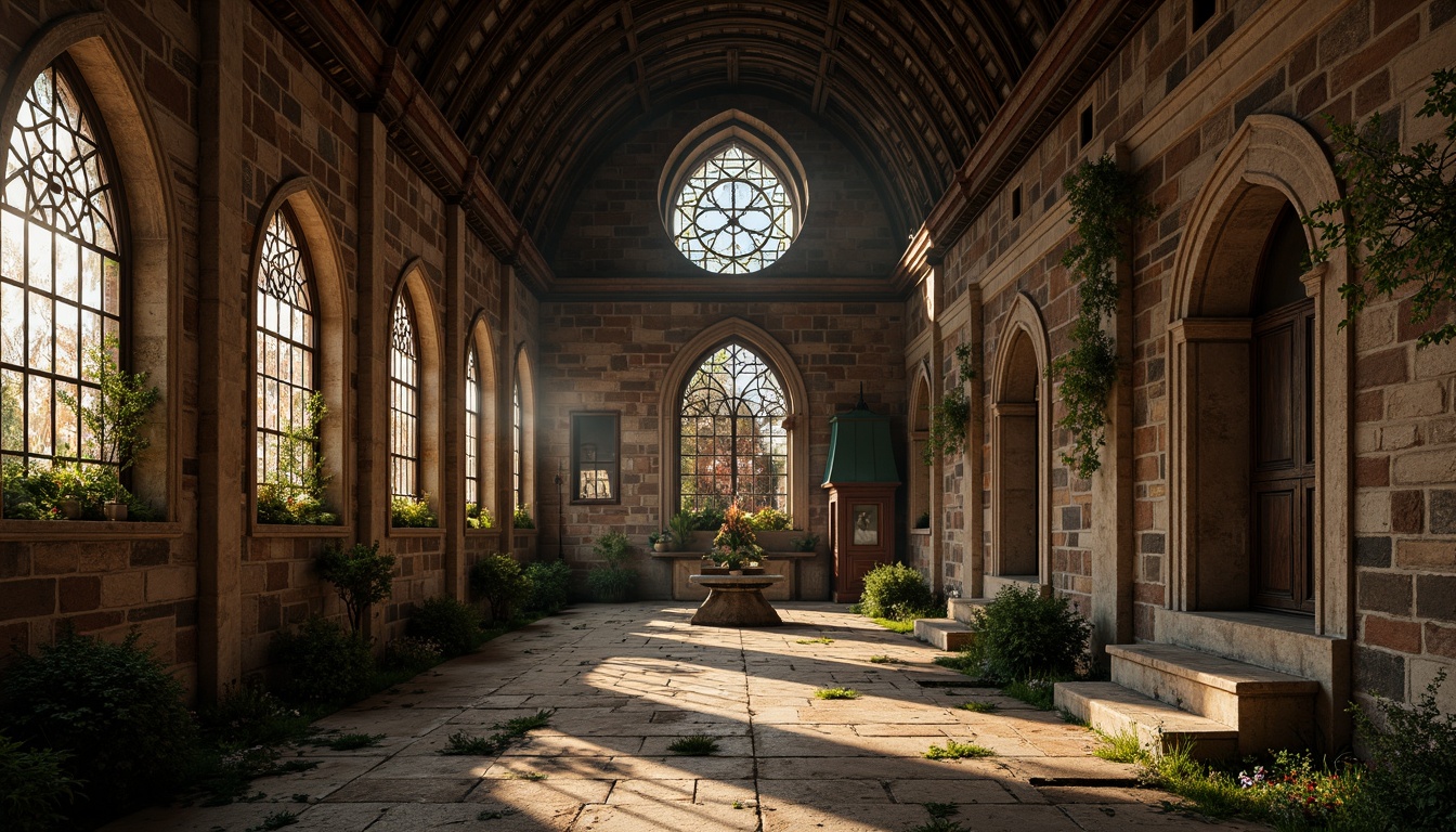 Prompt: Ancient church architecture, rustic stone walls, worn masonry textures, ornate stained glass windows, grandiose entrance arches, vaulted ceilings, intricate stone carvings, weathered copper roofs, moss-covered exterior walls, mystical ambiance, soft warm lighting, dramatic shadows, 1/1 composition, realistic materials, ambient occlusion.