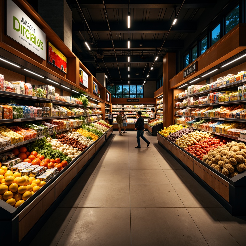 Prompt: Vibrant grocery store interior, warm and inviting atmosphere, dramatic high-contrast lighting, bold shadows, accentuated colorful products, dynamic angular displays, gleaming metal shelves, reflective glass surfaces, warm wood accents, softbox lighting, diffused overhead lighting, subtle gradient effects, 1/1 composition, shallow depth of field, cinematic mood, moody color palette, realistic textures, ambient occlusion.